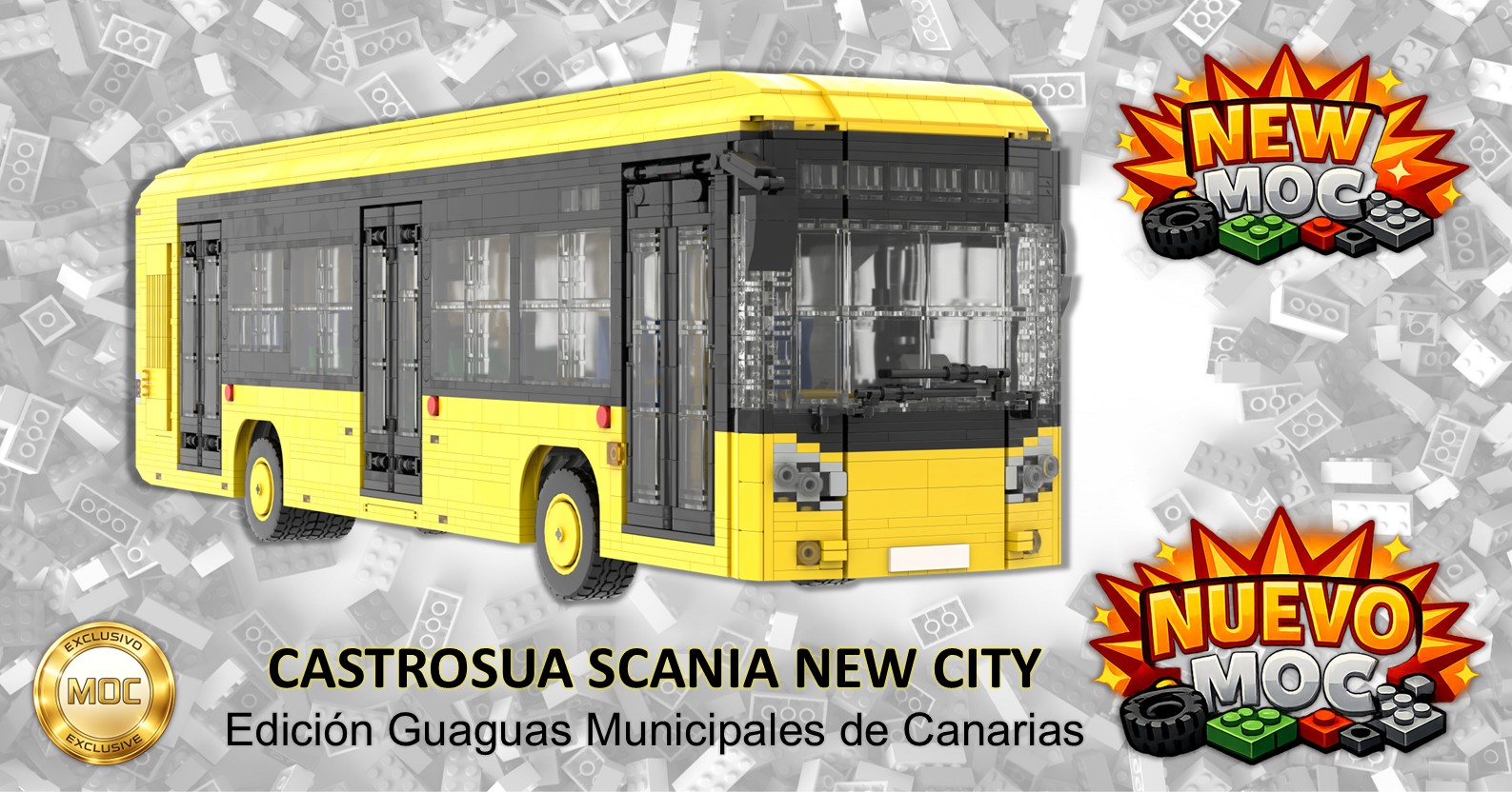 Castrosua Scania New City MOC Autobús amarillo de la marca Scania, modelo New City, sobre fondo gris.