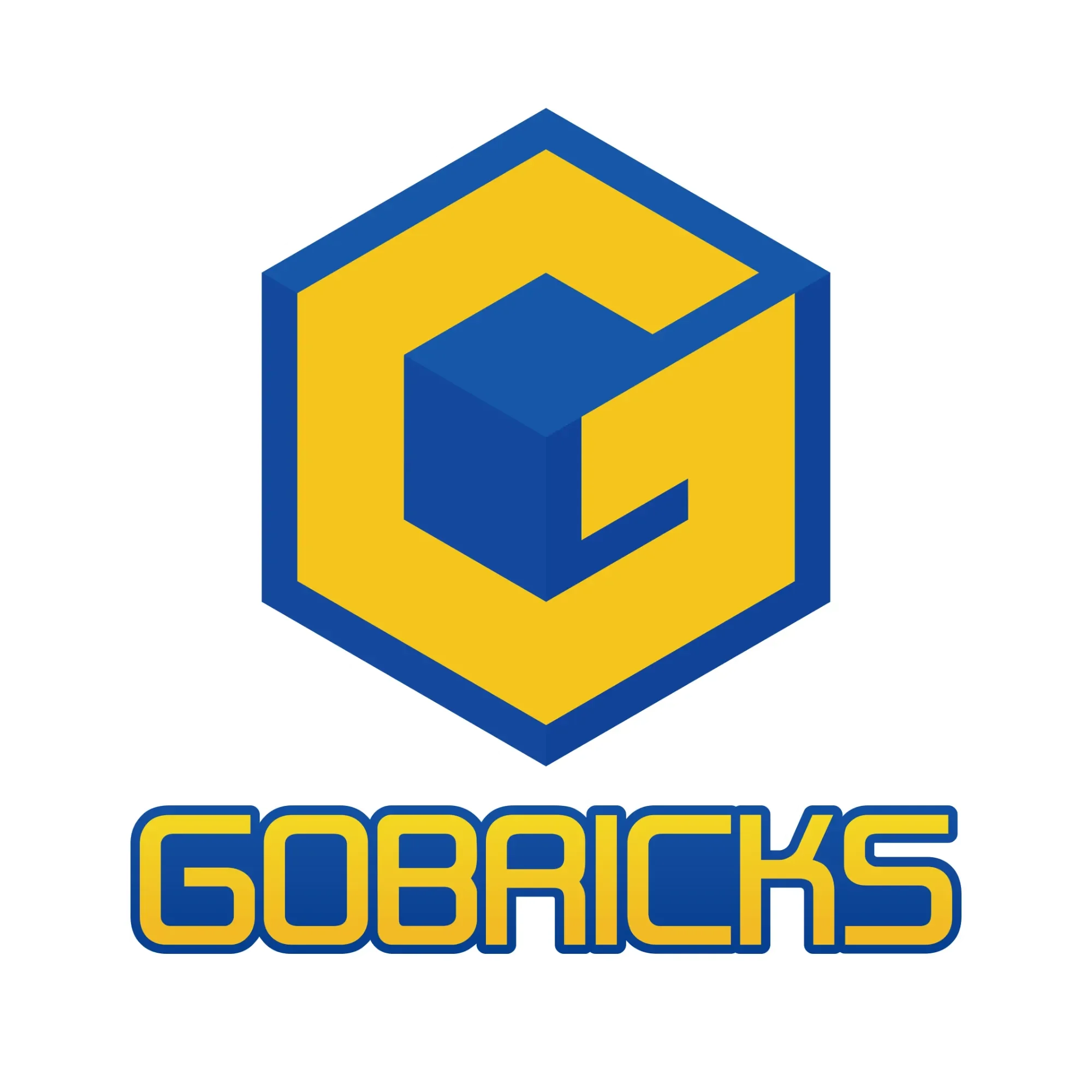 Piezas compatibles GOBRICKS Logo de GoBricks, un diseño hexagonal con un cubo azul y letras amarillas.