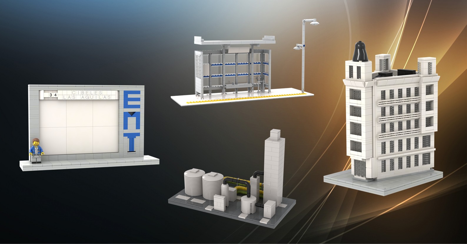 Realizamos Miniaturas y Accesorios MOC Varias maquetas arquitectónicas de edificios en un fondo elegante.