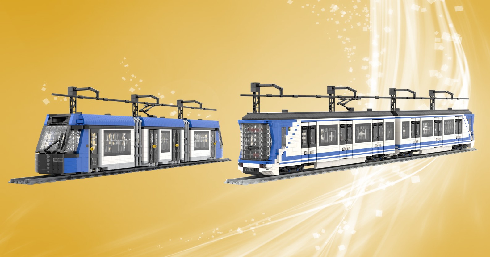 Realizamos Tranvías y Trenes de Metro MOC Trenes de tranvía en un fondo amarillo, uno azul y blanco, otro con detalles azules.