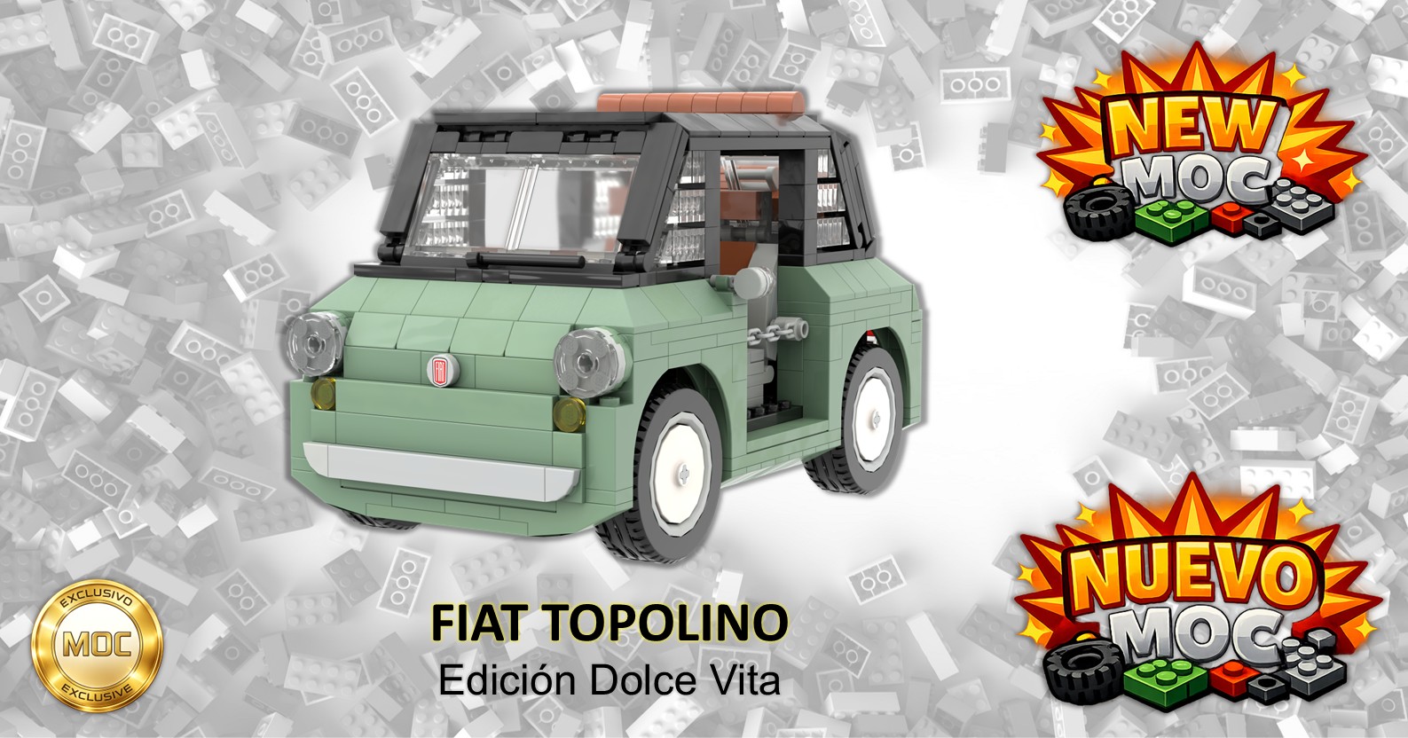 Fiat Topolino Dolcevita MOC Modelo de auto Fiat Topolino en color verde, con fondo de diseño textual y etiquetas de "nuevo".