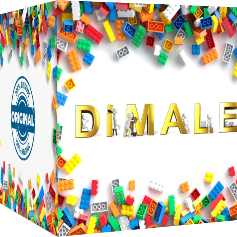 Caja diseño DIMALE Caja con la palabra "DIMALE" en dorado rodeada de bloques de colores.