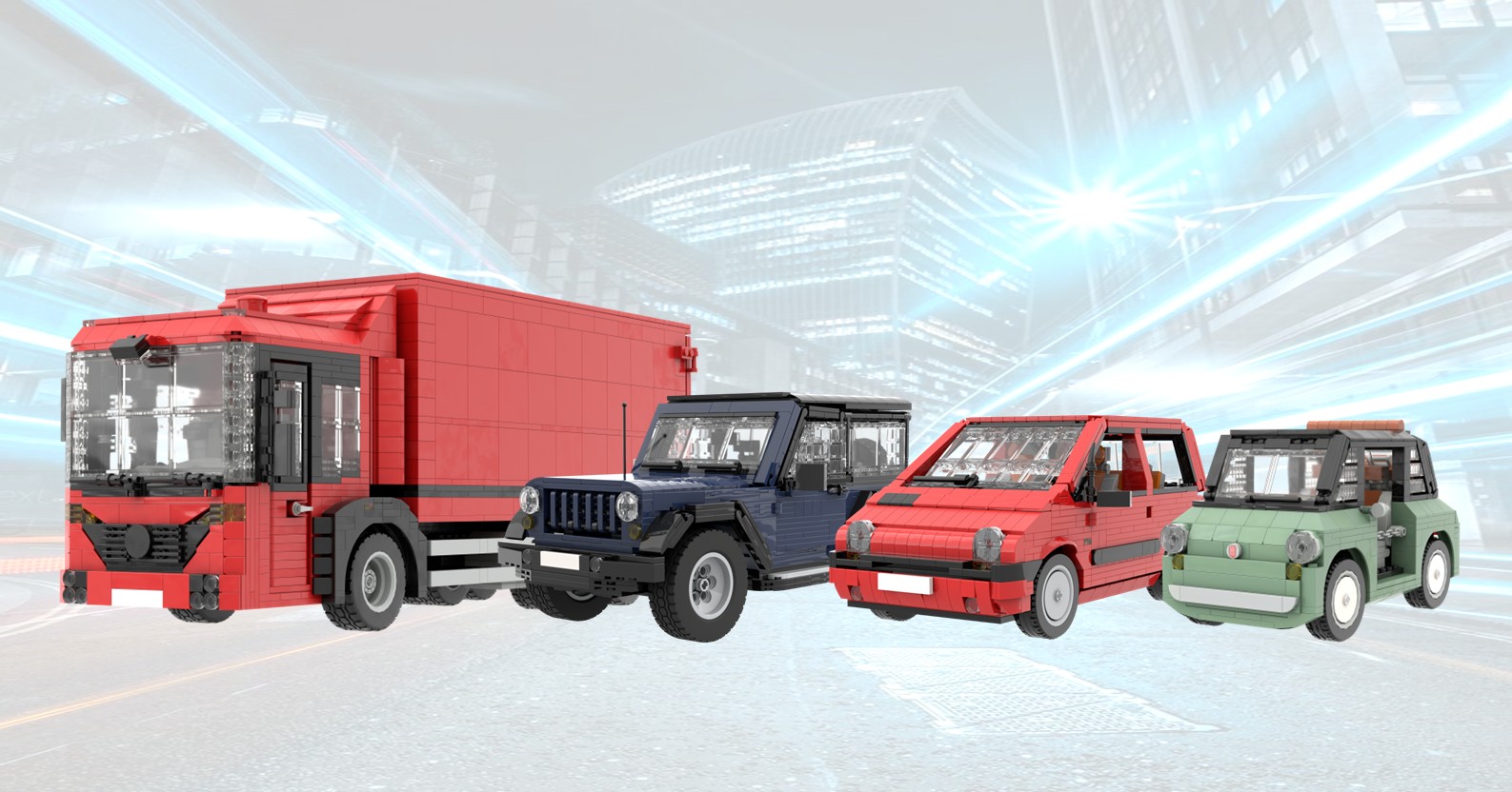 Realizamos Coches y Camiones MOC Conjunto de vehículos de diferentes tipos, incluyendo un camión y varios autos compactos.