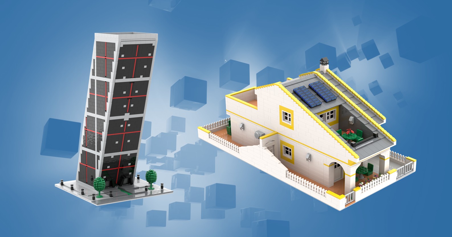 Realizamos Edificios y Viviendas MOC Edificio alto a la izquierda y casa con jardín a la derecha, sobre fondo azul.
