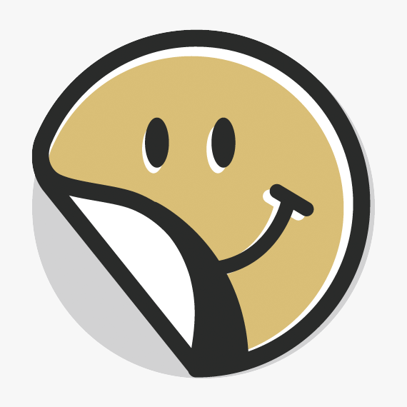 Pegatina con logotipo opcional Icono circular amarillo con una cara sonriente y una esquina doblada.