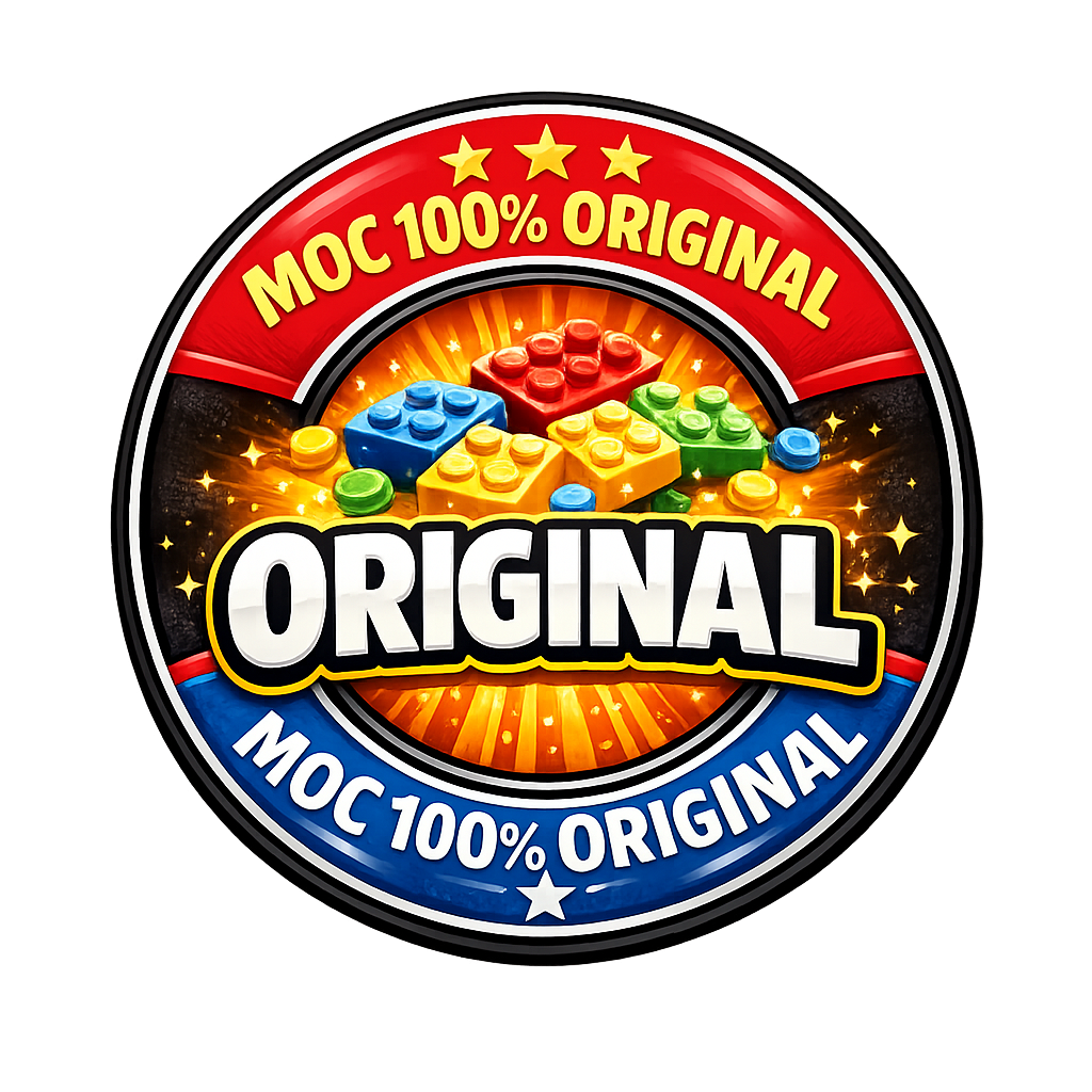 MOC lego 100% original Sello redondo que dice "100% Original" con bloques de colores sobre un fondo brillante.