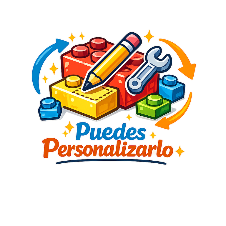 Puedes personalizar el MOC a tu gusto Logo colorido con bloques de construcción, un lápiz y una herramienta, texto "Puedes Personalizarlo".