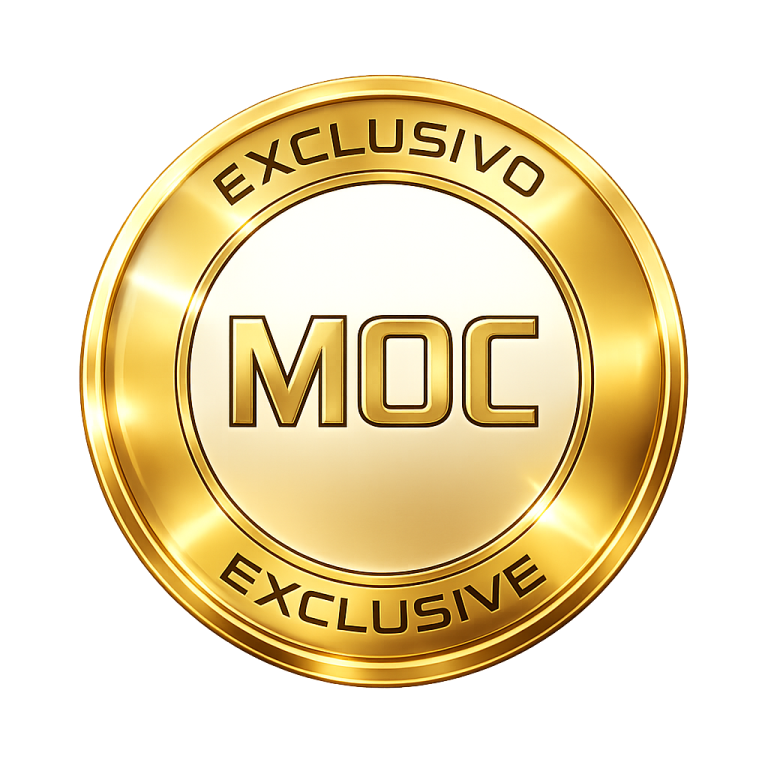 Maquetas exclusivas MOC Lego Sello dorado con el texto "EXCLUSIVO" y "MOC" en su interior.