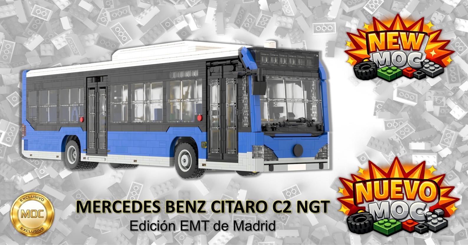 Mercedes Benz Citaro NGT MOC Autobús Mercedes Benz Citaro C2 NG, en color azul y blanco, con texto informativo.