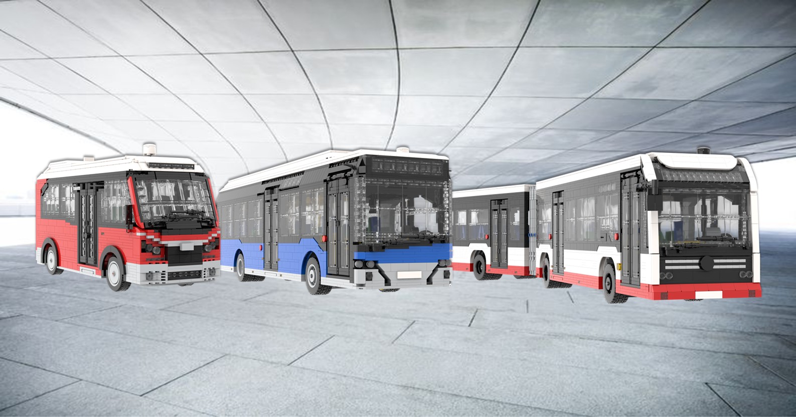 Realizamos Microbuses, Autobuses Estándar y Articulados MOC Cuatro autobuses de diferentes colores y diseños en un entorno moderno y minimalista.