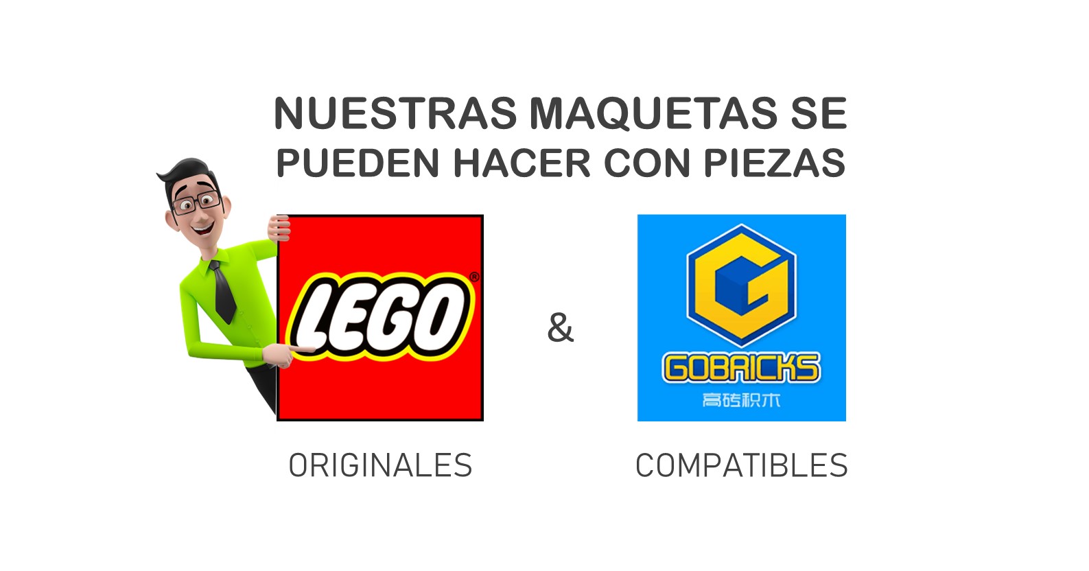 Utilizamos Piezas Originales y Compatibles Logos de LEGO y otra marca, con un personaje animado en el medio.