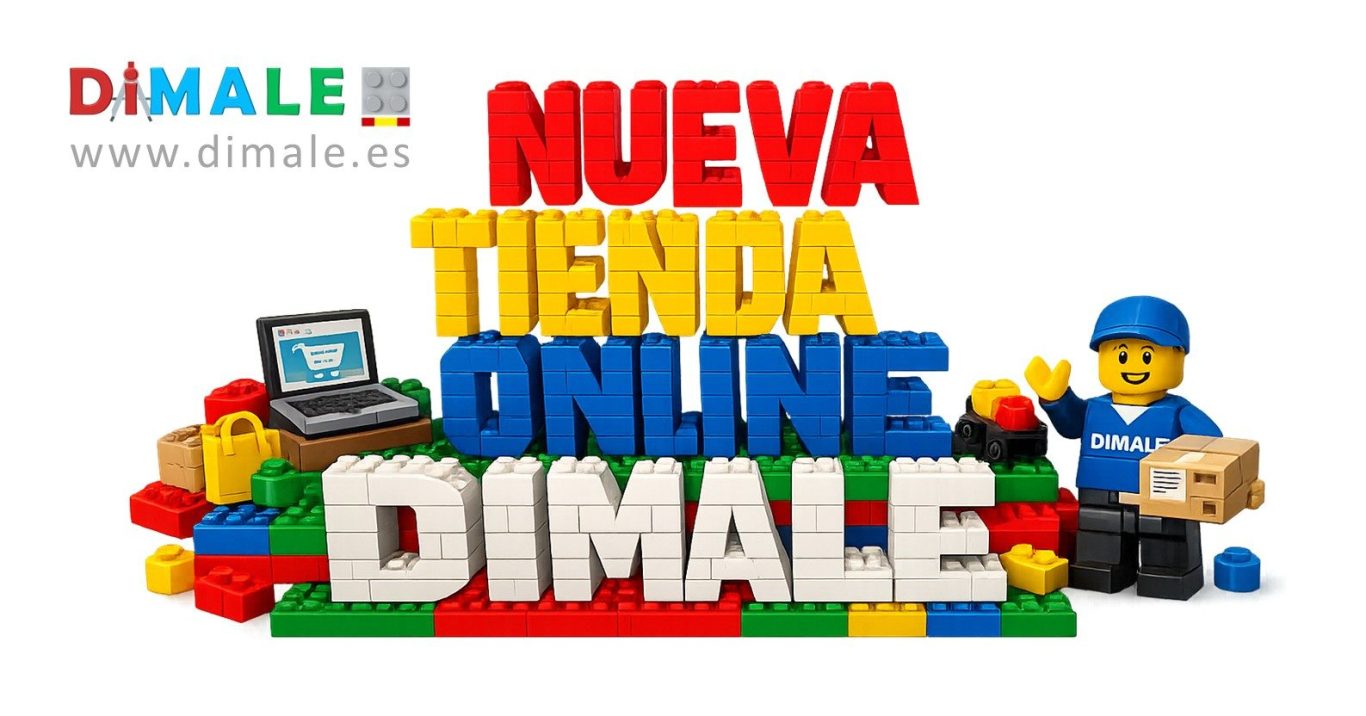 Nueva Tienda Online Maquetas DIMALE Texto colorido con "Nueva Tienda Online Dimale" y un personaje de juguete.