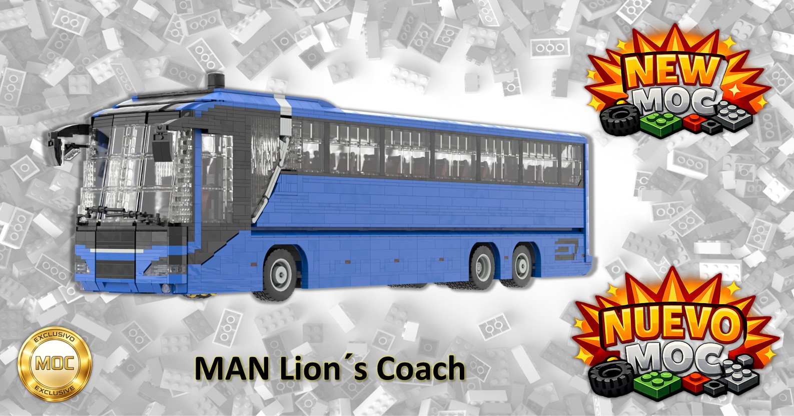 MAN Lions Coach 2025 MOC Autocar MAN Lion's Coach de color azul sobre un fondo gris con elementos decorativos.