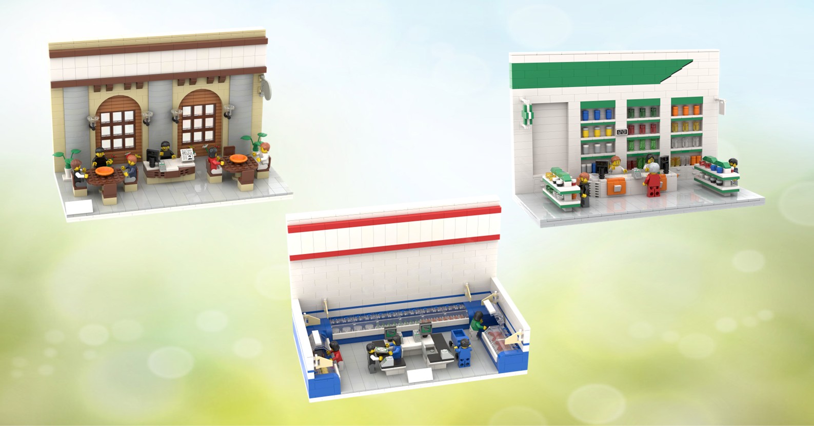 Realizamos escaparates de tiendas MOC Tres tiendas modeladas, con fachadas decorativas y estantes llenos de productos.