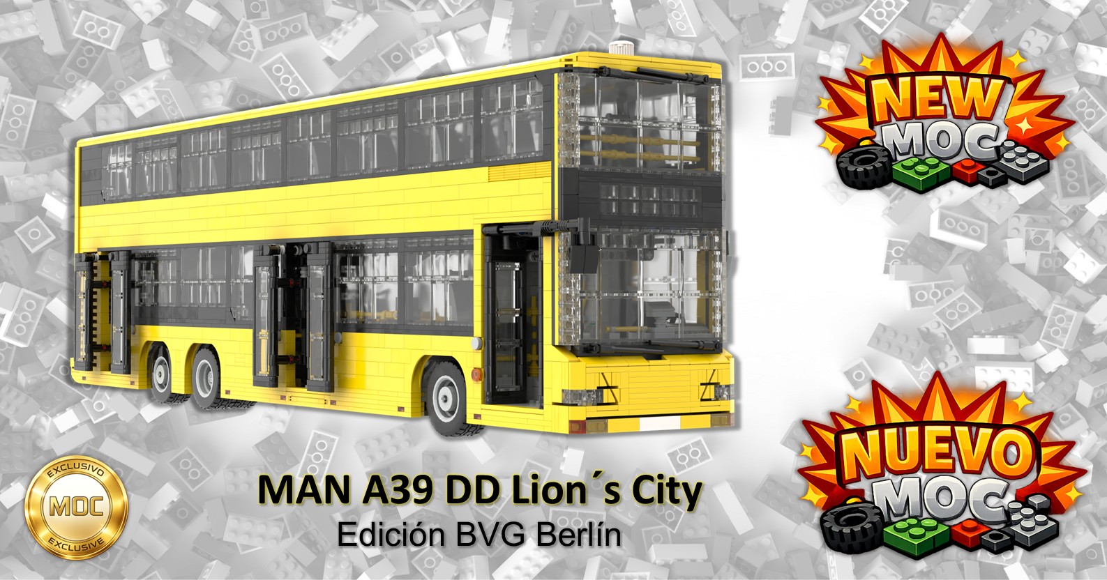 MAN A39 DD Lions City MOC Autobús amarillo MAN A39 DD Lion's City sobre fondo gris, con texto "NUEVO" en la esquina.