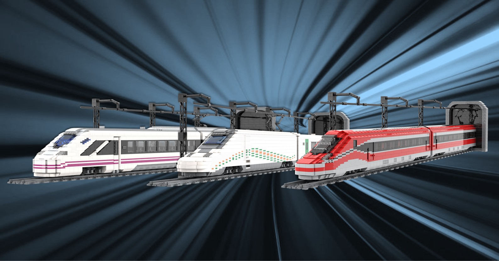 Realizamos Trenes de Alta Velocidad MOC Tres trenes de alta velocidad en diferentes colores con fondo dinámico.